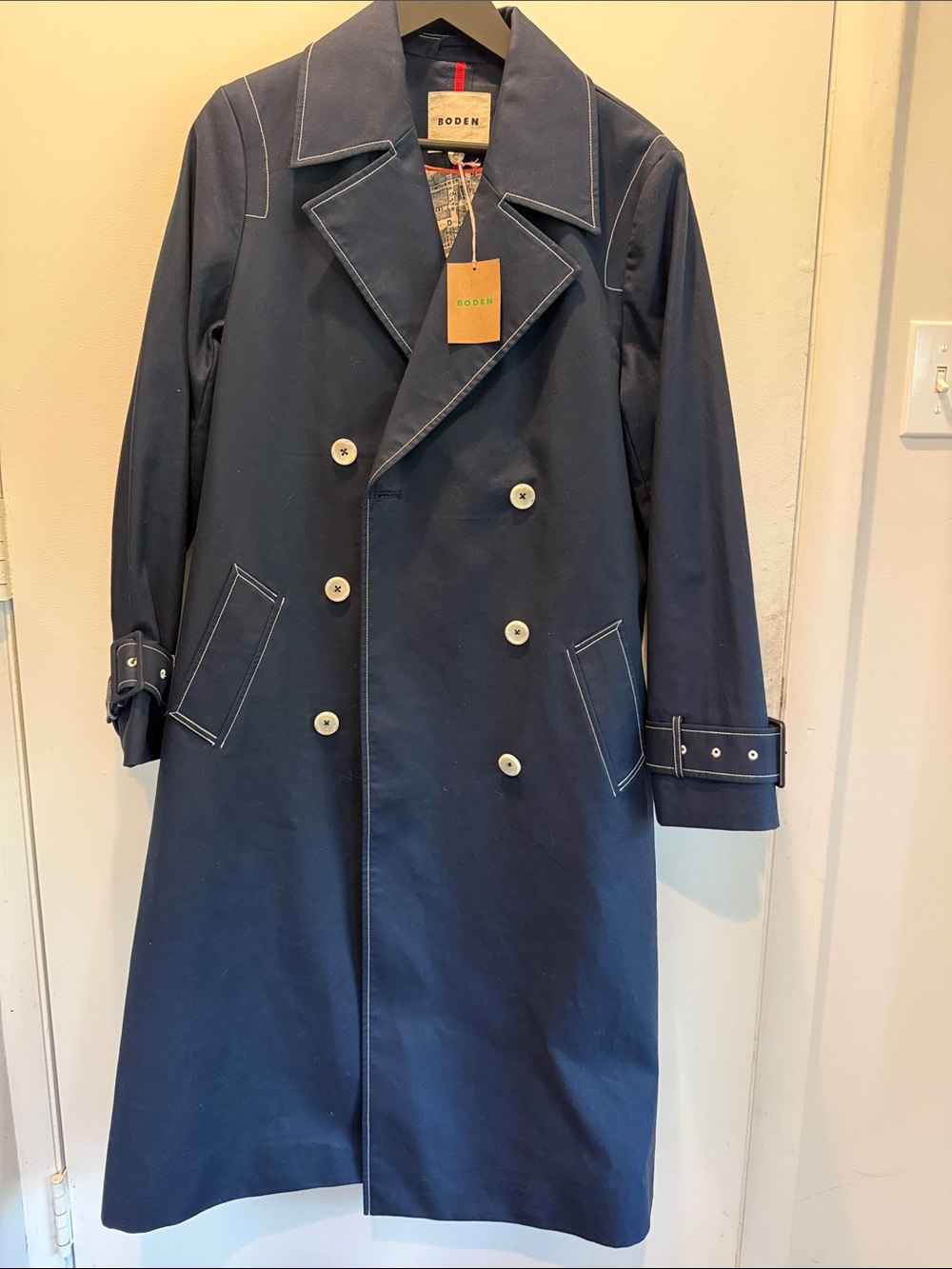 Boden Navy Double-Breasted Trench with Contrast Stitching